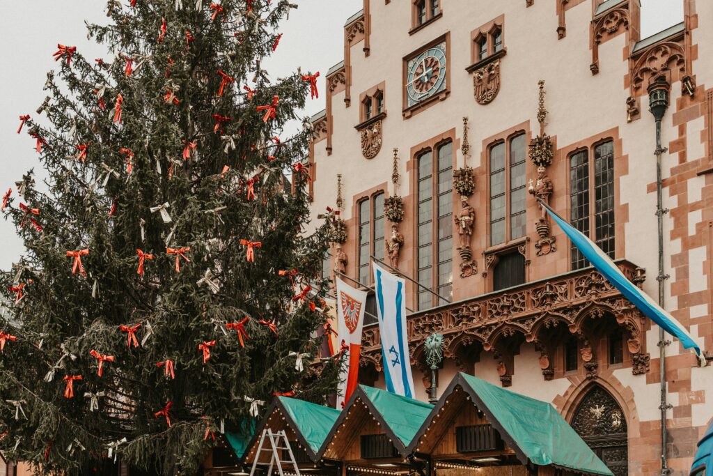 Christmas Tree and Stalls in Front of the Romer Building in Frankfurt